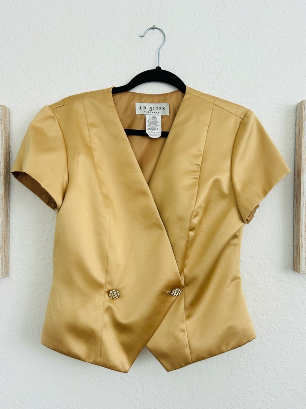 J.R. Nites Gold Satin Wrap Blouse Jeweled Button Evening Top Size 10